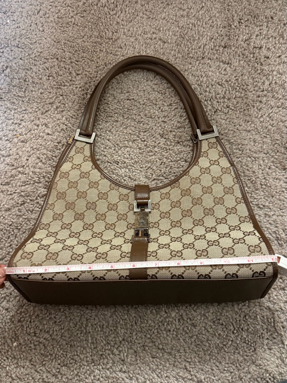 Gucci Jackie GG Canvas Bardot Shoulder Bag Brown Leather Made in Italy Authentic - Picture 10 of 13